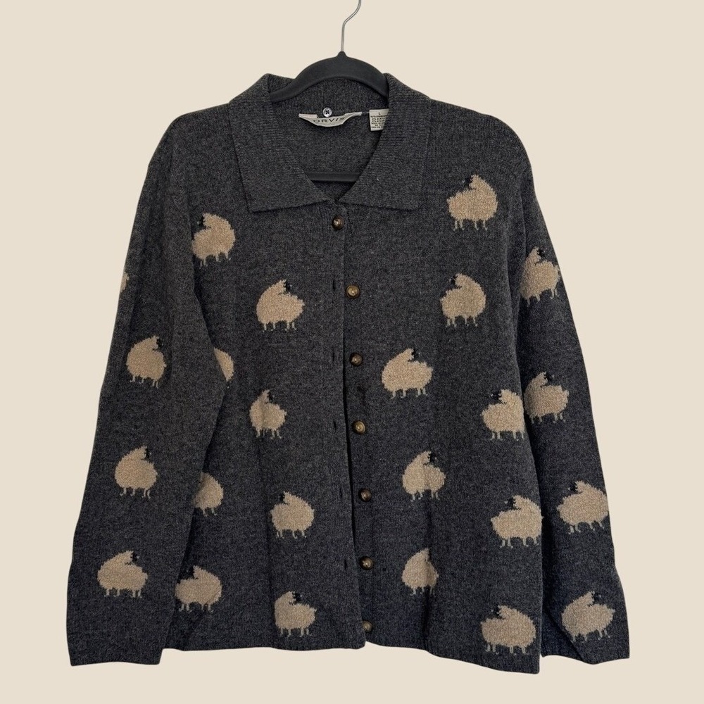Vintage Orvis Large Wool Knit Cardigan Sweater Gray Sheep Print Cottagecore